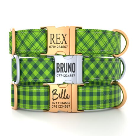 Personalized “Green Plaid” Dog Collar – Custom Premium Adjustable Collar