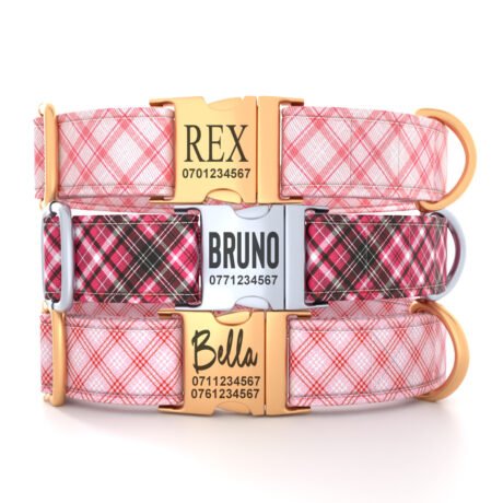 Personalized “Pink Plaid” Dog Collar – Custom Premium Adjustable Collar