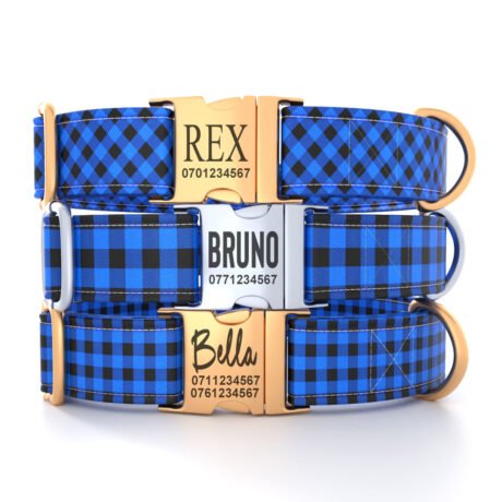 Personalized “Blue Plaid” Dog Collar – Custom Premium Adjustable Collar